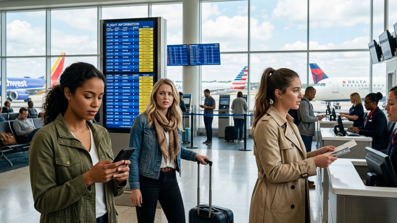 A highly dramatic scene capturing massive passenger panic as severe flight cancellations and massive delays violently sweep across Nashville International Airport, paralyzing the southern US hub and sparking intense travel chaos