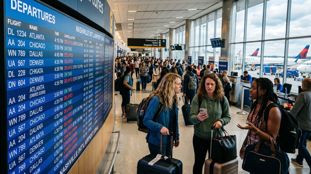 Exhausted passengers trapped among massive travel chaos and delayed flight boards inside a gridlocked Nashville International Airport terminal