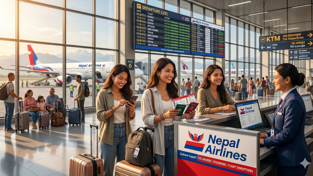 A highly dramatic scene capturing a Nepal Airlines aircraft aggressively deploying emergency passenger relief measures to combat severe international travel chaos and terminal gridlock across Gulf airspace