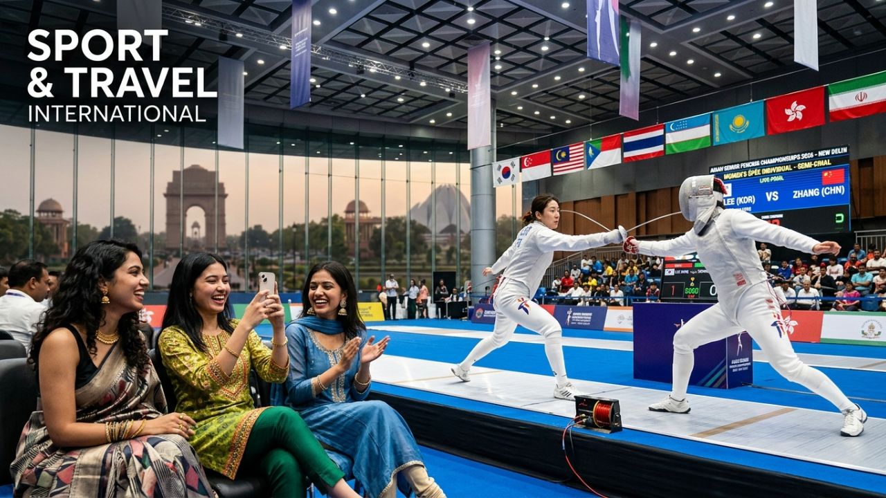 A highly dramatic scene capturing a massive influx of international tourists and athletes arriving at New Delhi airport, representing the immense logistical deployment required to safely manage sports tourism amidst severe regional airport disruptions and travel chaos