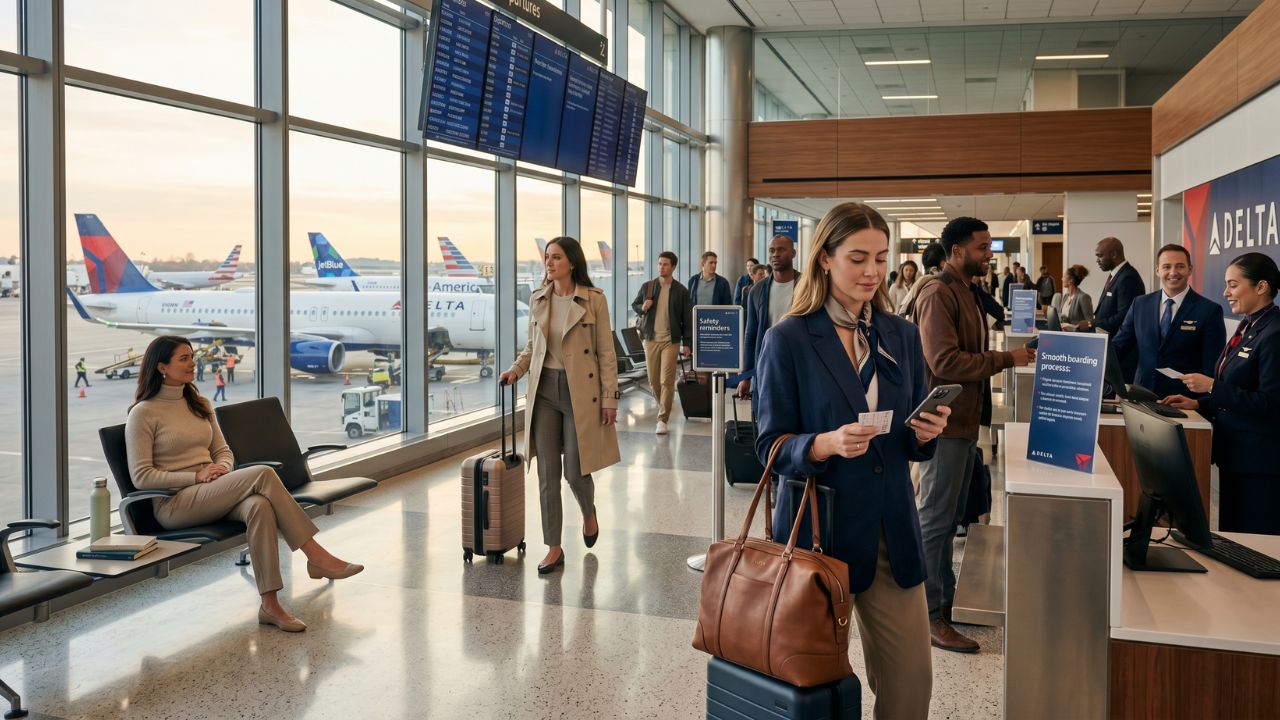 A highly tense boarding gate at a New York mega-hub where airline ground staff and flight attendants are actively profiling passenger behavior prior to aircraft entry
