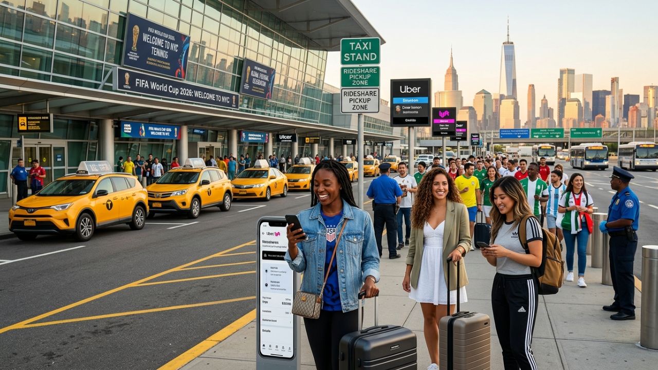 A highly dramatic scene capturing heavily armed Port Authority police officers patrolling a congested arrivals terminal at JFK Airport, representing the massive security crackdown to prevent illegal taxi travel chaos during the World Cup