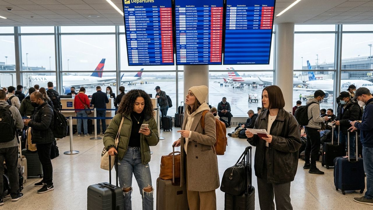 A severely congested departures terminal at John F. Kennedy International Airport during massive travel chaos and flight cancellations
