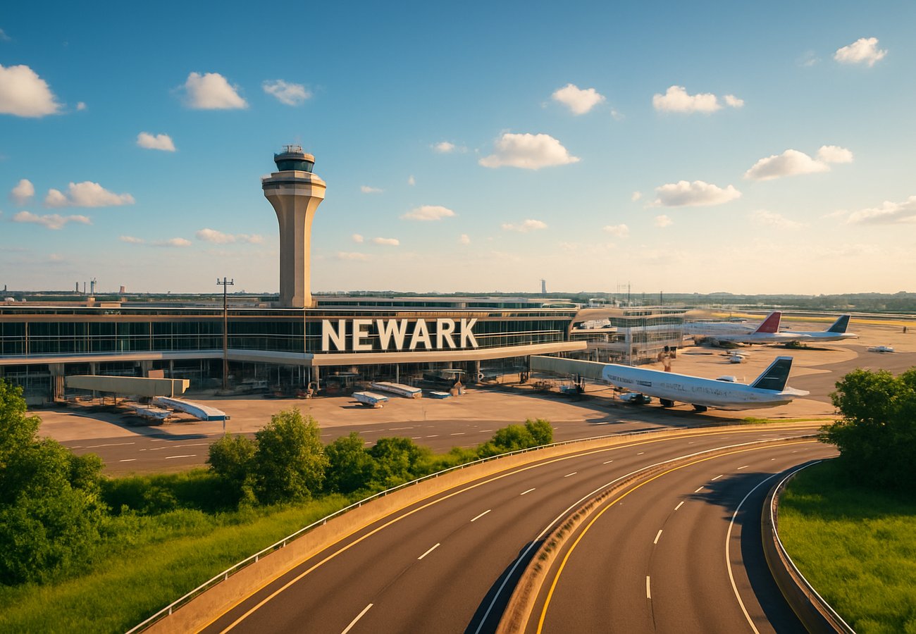 Newark Liberty International Airport terminals at sunrise
