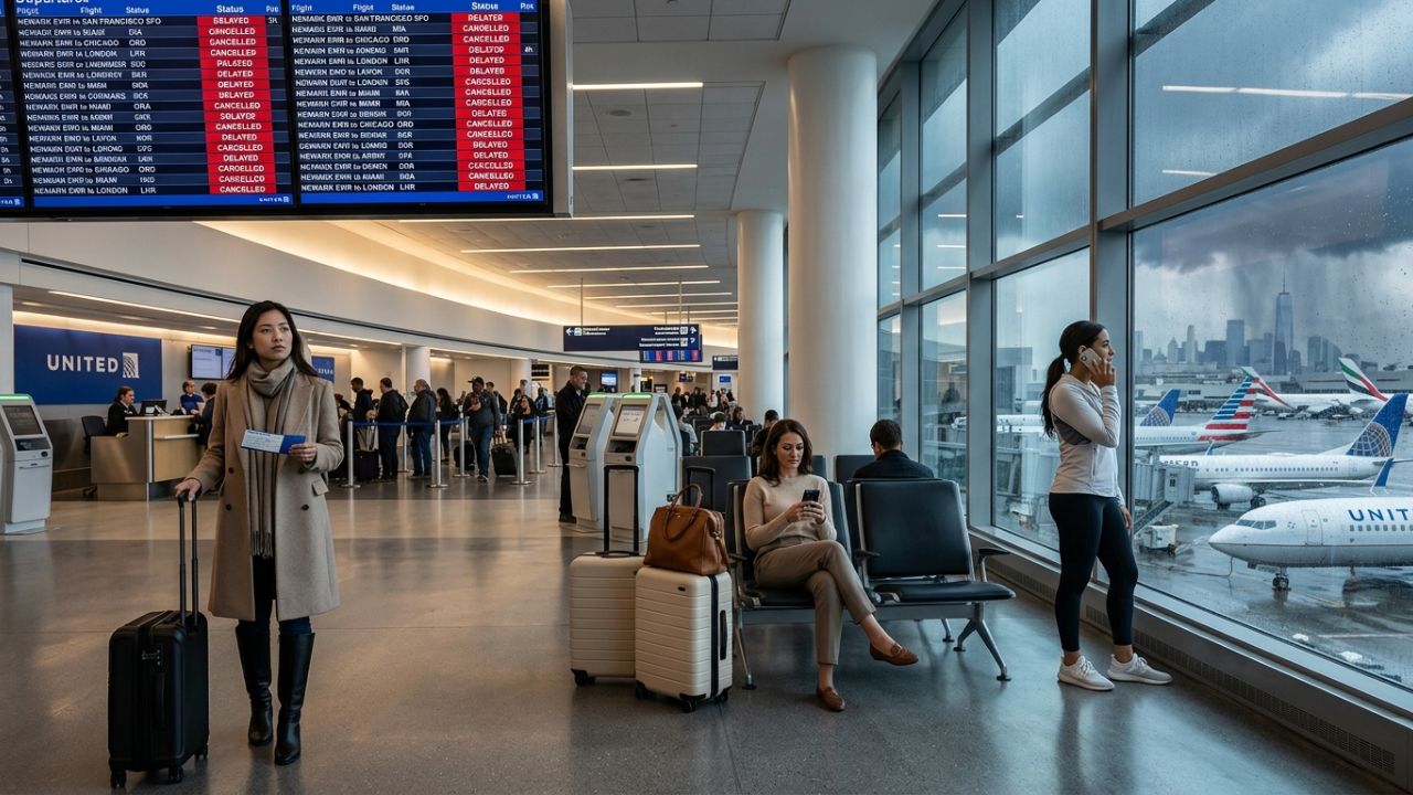 A highly dramatic scene capturing massive passenger frustration as sudden thunderstorms violently paralyze Newark Liberty International Airport, causing extreme travel chaos for United and American travelers