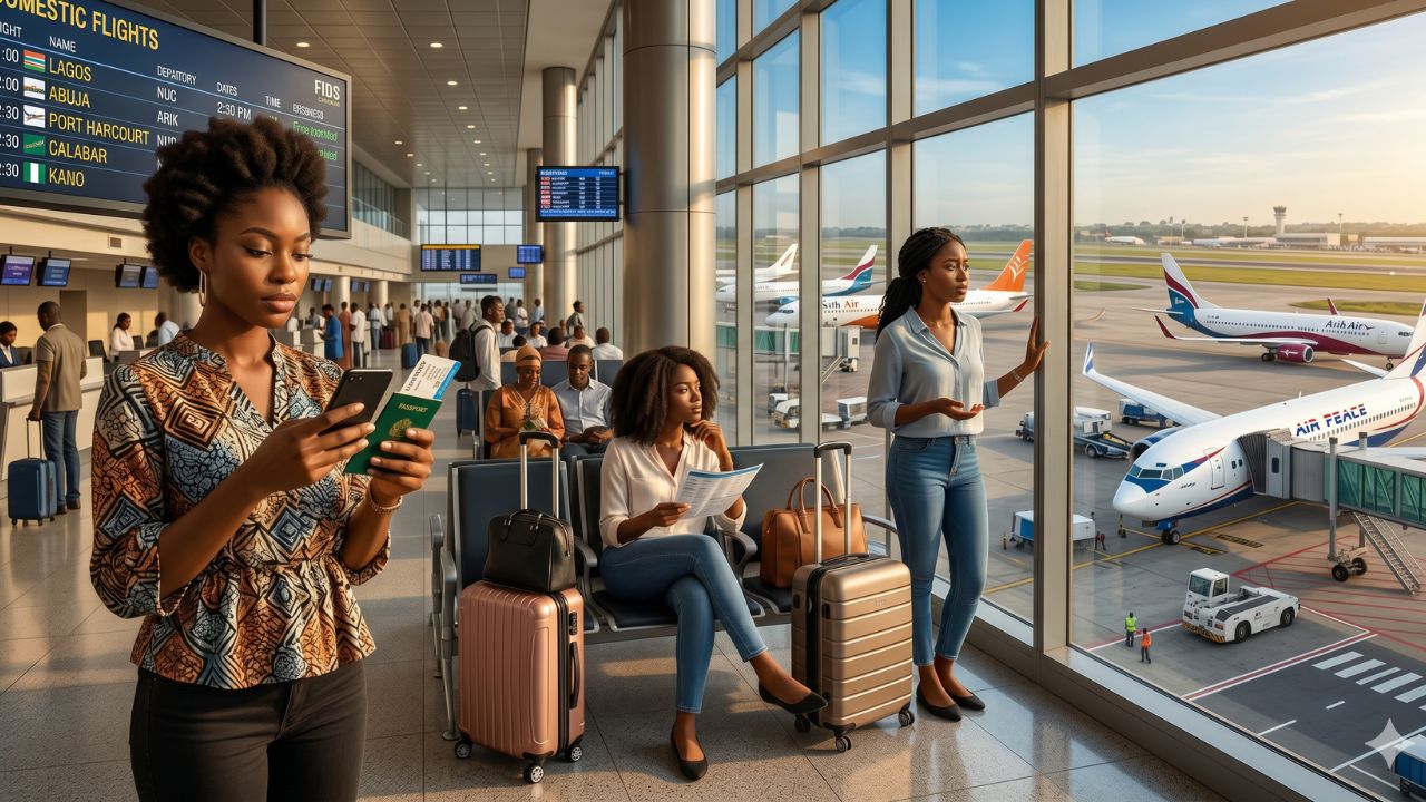 A highly dramatic scene capturing massive passenger congestion and severe travel chaos as major Nigerian airlines struggle against crushing operational costs and fuel shortages