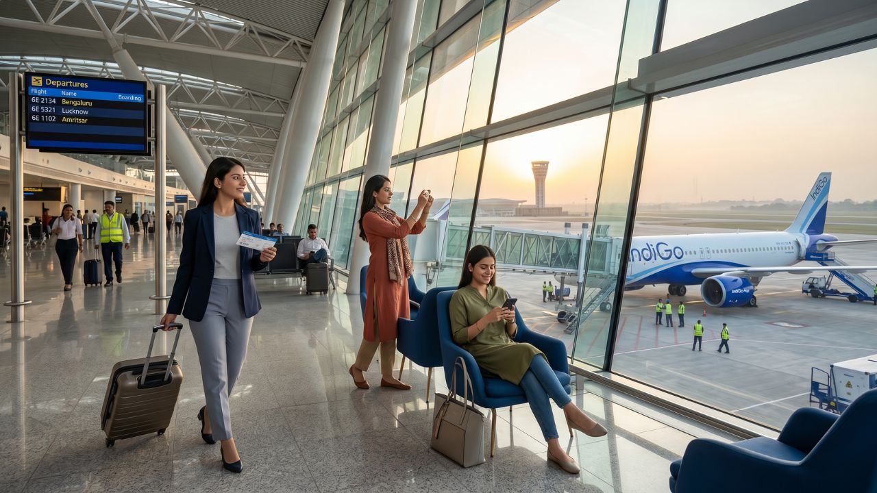A brand new IndiGo aircraft accelerating down the pristine runway at the newly opened Noida International Airport in Jewar, marking the dawn of decentralized aviation in the NCR