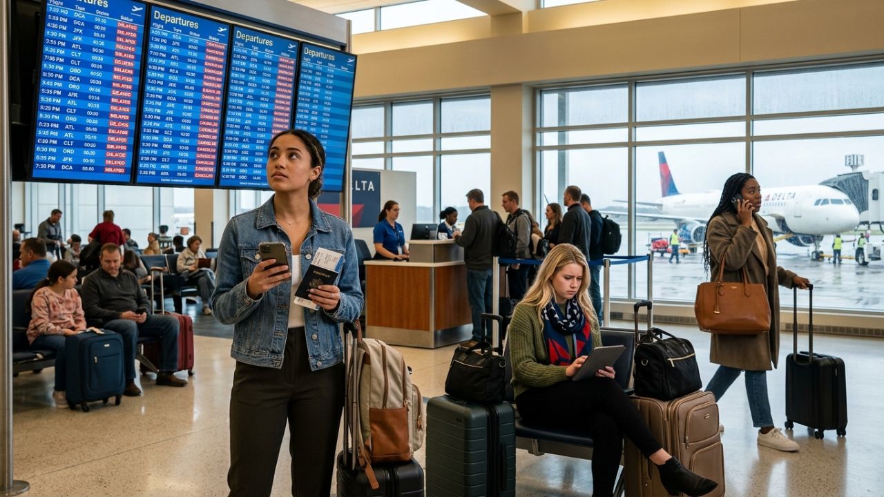 A highly congested departure terminal at Norfolk International Airport, capturing the severe travel chaos as stranded passengers face massive flight cancellations and cascading East Coast delays.