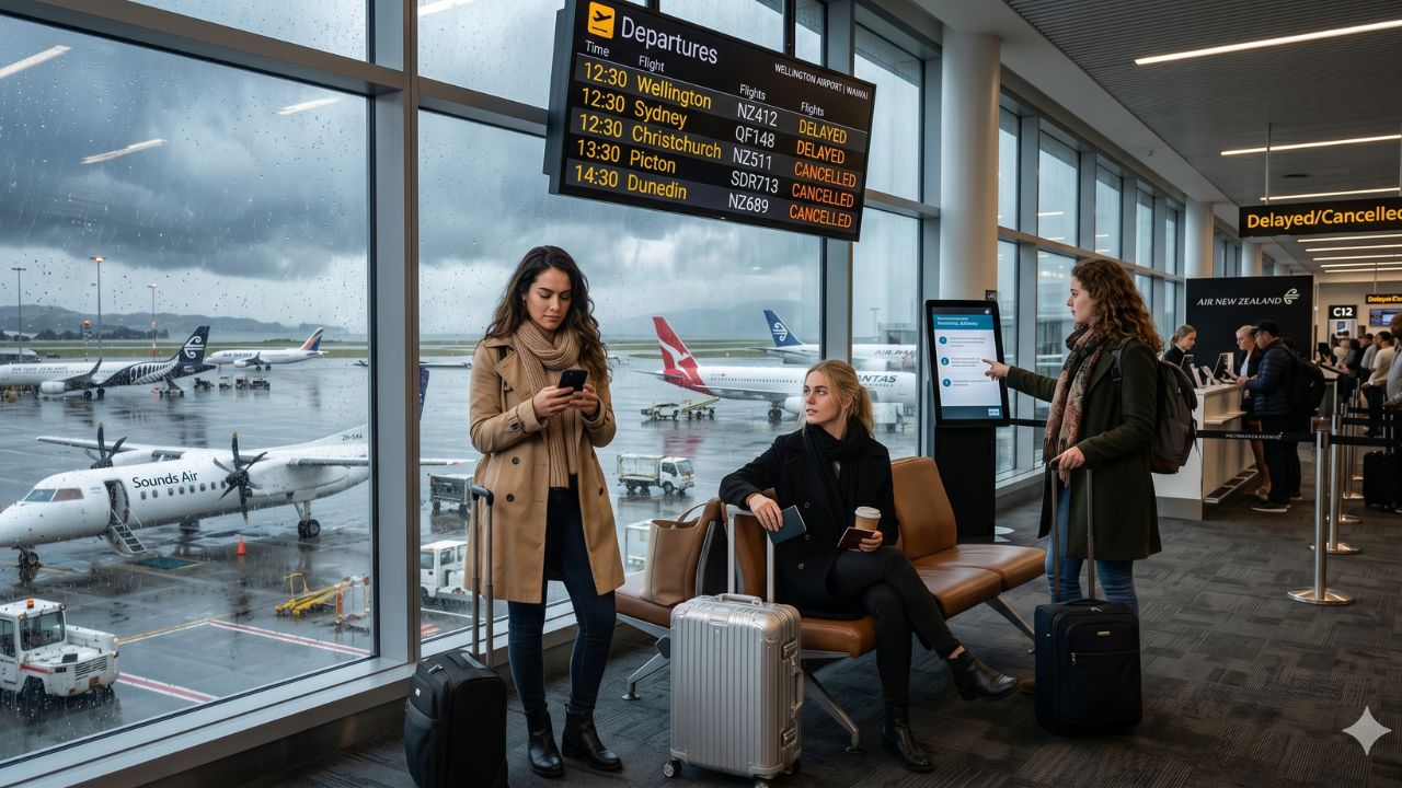 A highly chaotic scene at Sydney Airport showing thousands of stranded travelers staring at red departure monitors filled with severe flight cancellations and delays