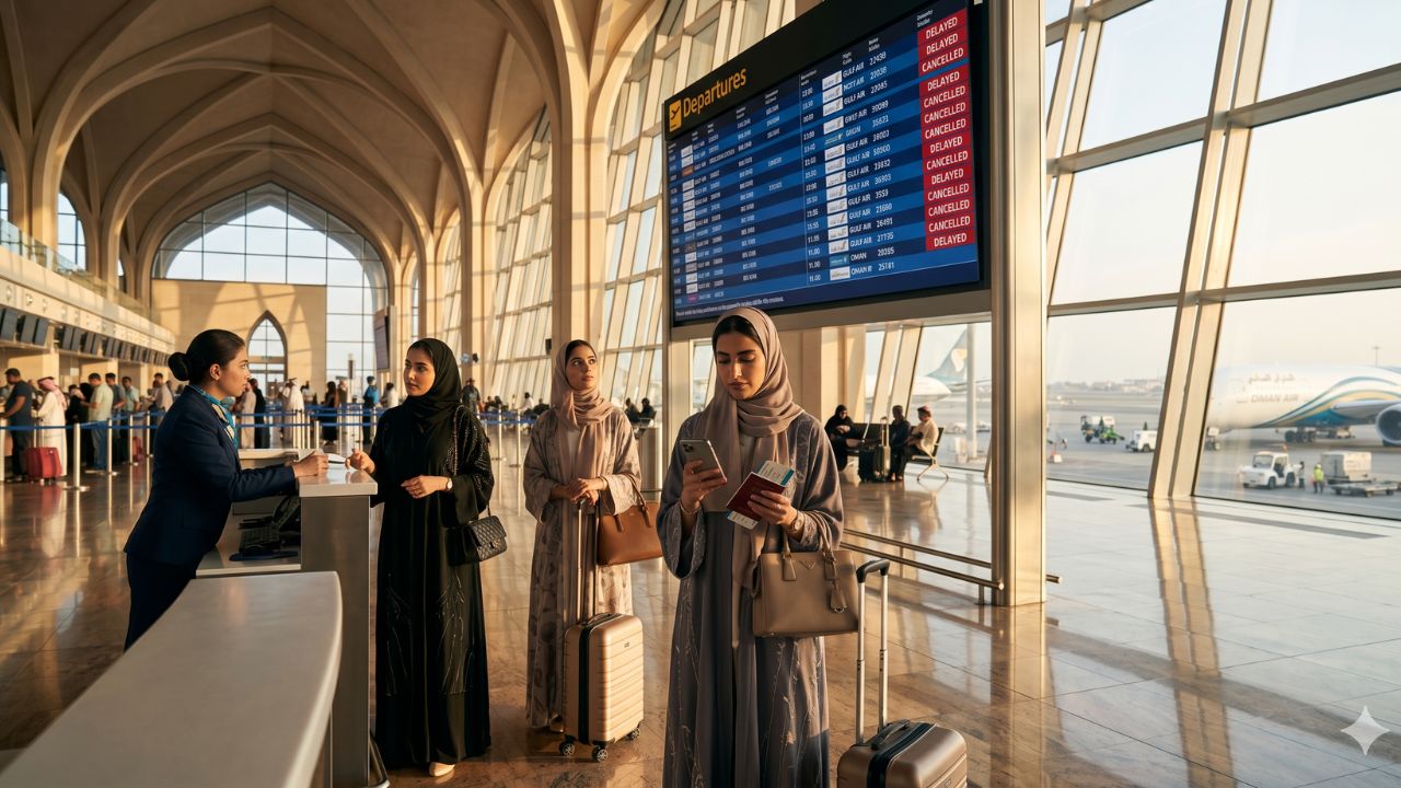 A highly dramatic scene capturing the massive Oman flight disruptions, specifically focusing on the terrifying international travel chaos and severe terminal gridlock across Seeb International Airport