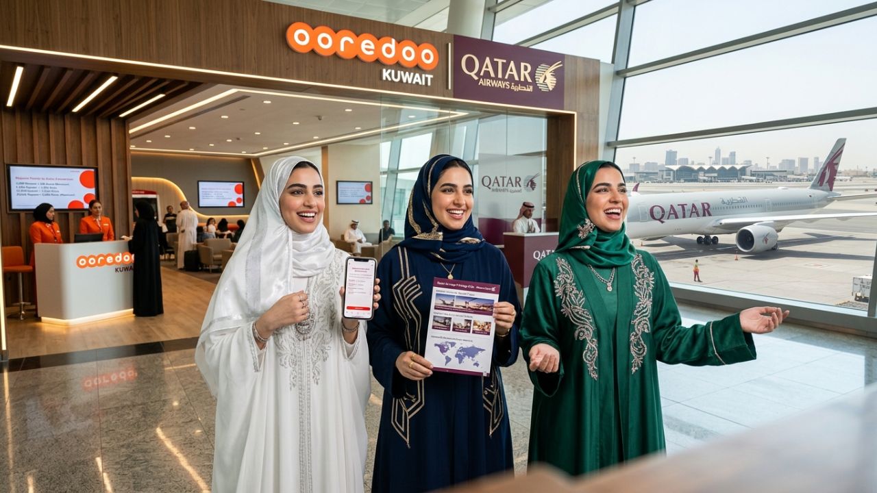 A traveler using the Ooredoo App on their smartphone in a luxury airport lounge, representing the conversion of Nojoom points to Qatar Airways Avios to bypass travel chaos.