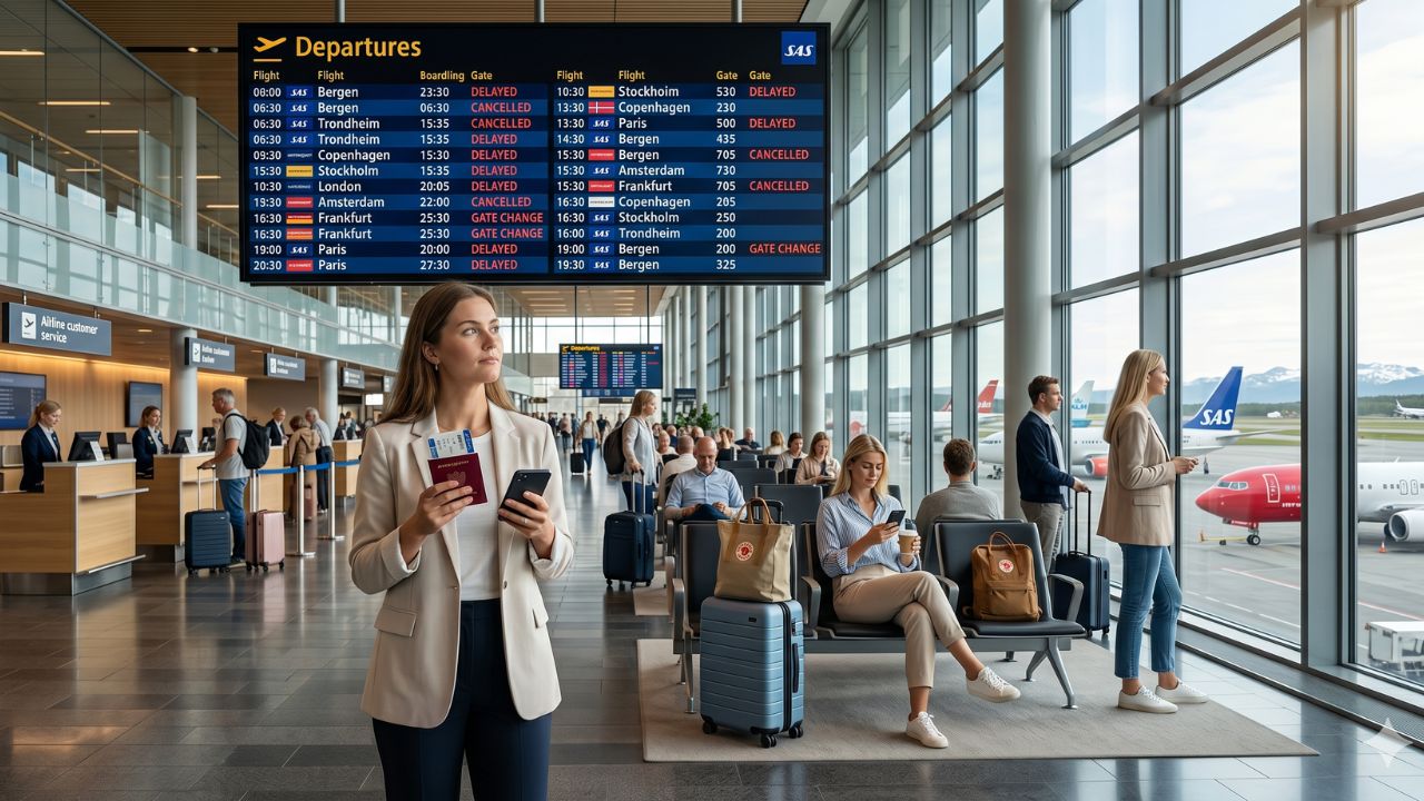 A highly dramatic scene capturing thousands of stranded passengers facing terrifying travel chaos and massive flight cancellations at Oslo Gardermoen Airport