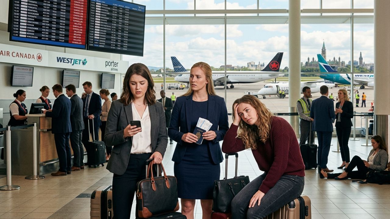 A highly congested departure terminal at Ottawa Macdonald-Cartier International Airport, where severe travel chaos and unexpected flight cancellations have stranded passengers traveling to Toronto and Washington