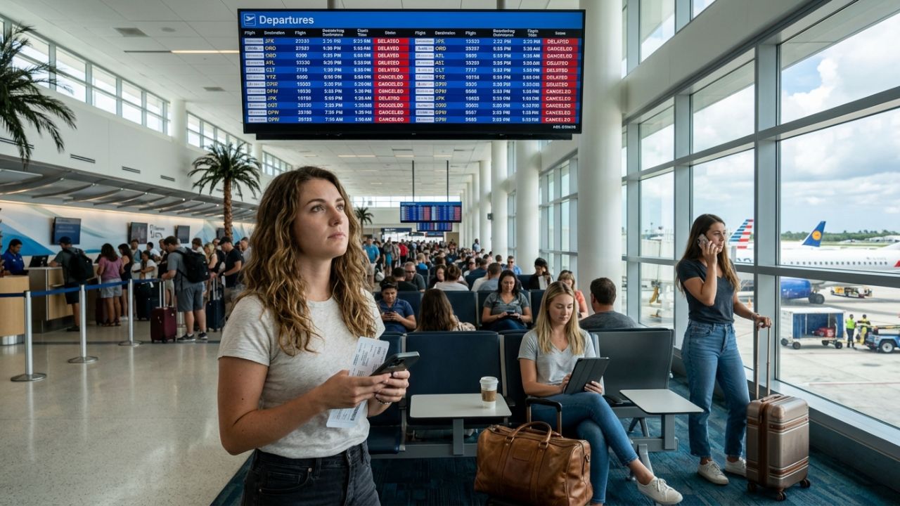 A highly congested departure terminal at Palm Beach International Airport, capturing the severe travel chaos as stranded passengers face massive flight cancellations and cascading delays.