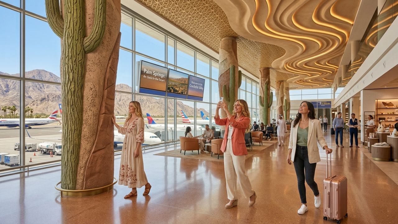 The visually stunning 'Desert in Motion' art installation at the Palm Springs Airport baggage claim, contrasting sharply with the severe travel chaos and flight cancellations plaguing larger California legacy hubs