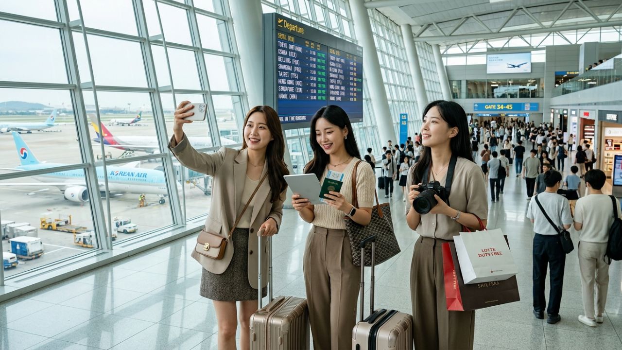 A highly dramatic scene capturing an overflowing terminal at Seoul Incheon Airport, representing the extreme travel chaos and massive operational pressure generated by Parata Airlines' record-breaking load factors