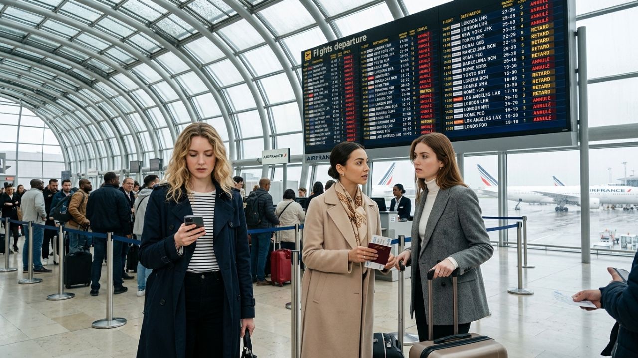 A highly congested terminal at Paris Charles de Gaulle Airport, filled with stranded passengers facing severe travel chaos and massive flight cancellations.