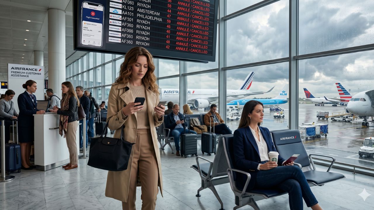 A highly chaotic scene at Paris Charles de Gaulle Airport showing desperate crowds of passengers stranded by severe flight cancellations and cascading global delays