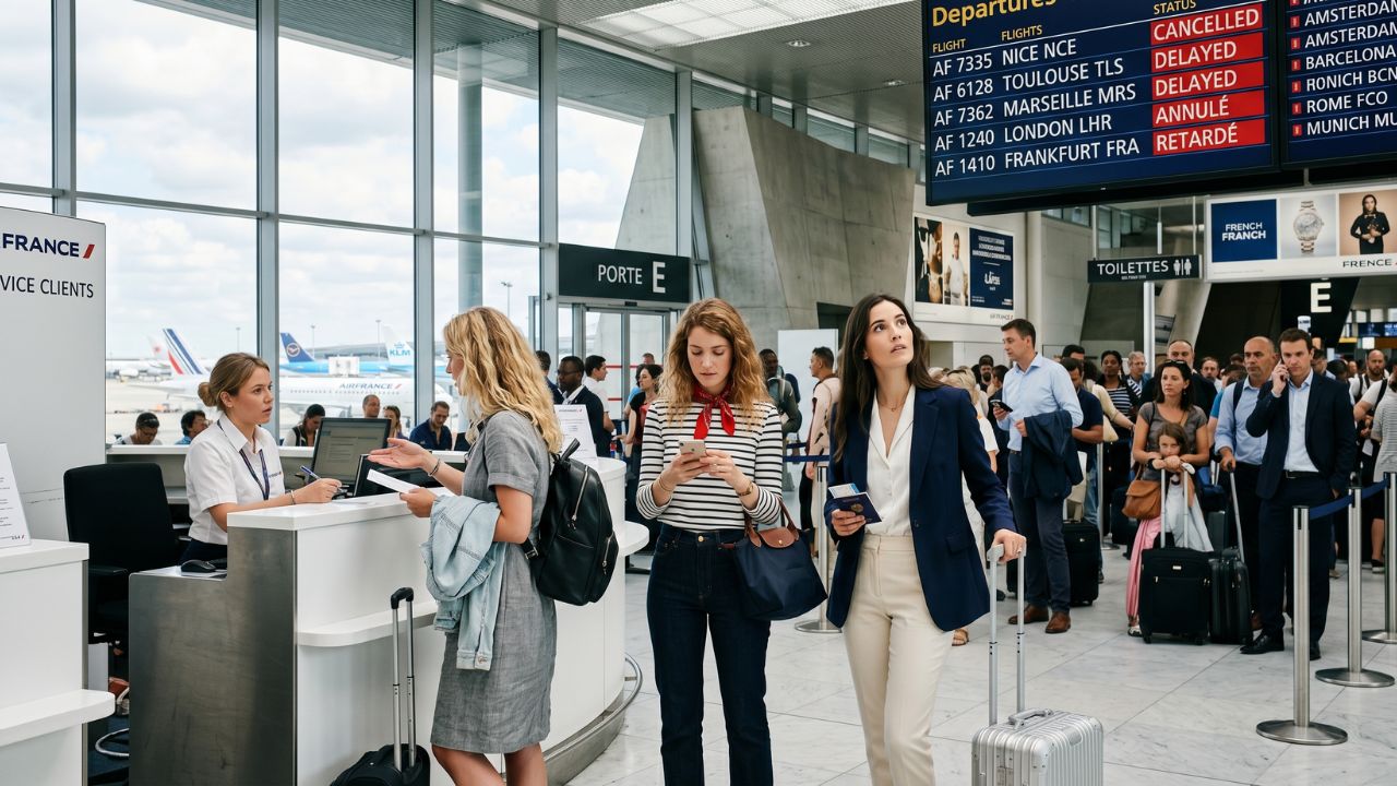 A highly congested departure terminal at Paris Charles de Gaulle Airport, filled with stranded passengers attempting to navigate severe travel chaos and flight cancellations