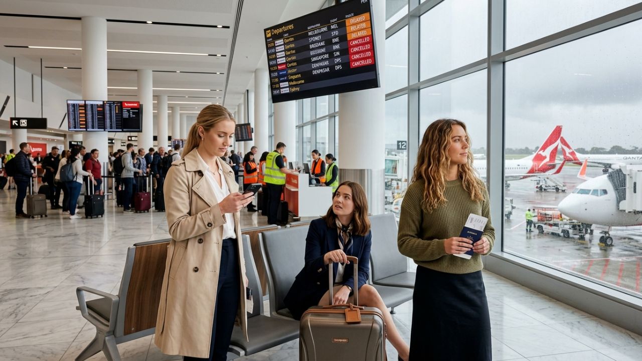 A highly dramatic scene capturing massive passenger frustration as sudden flight cancellations violently paralyze Perth International Airport, causing extreme travel chaos for Qantas and Jetstar travelers