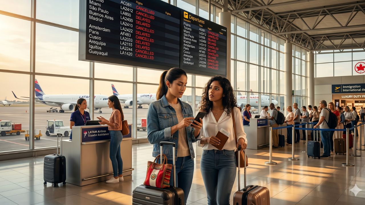 A highly dramatic scene capturing the massive Peru flight disruptions, specifically focusing on the terrifying international travel chaos and severe terminal gridlock across Jorge Chávez International Airport