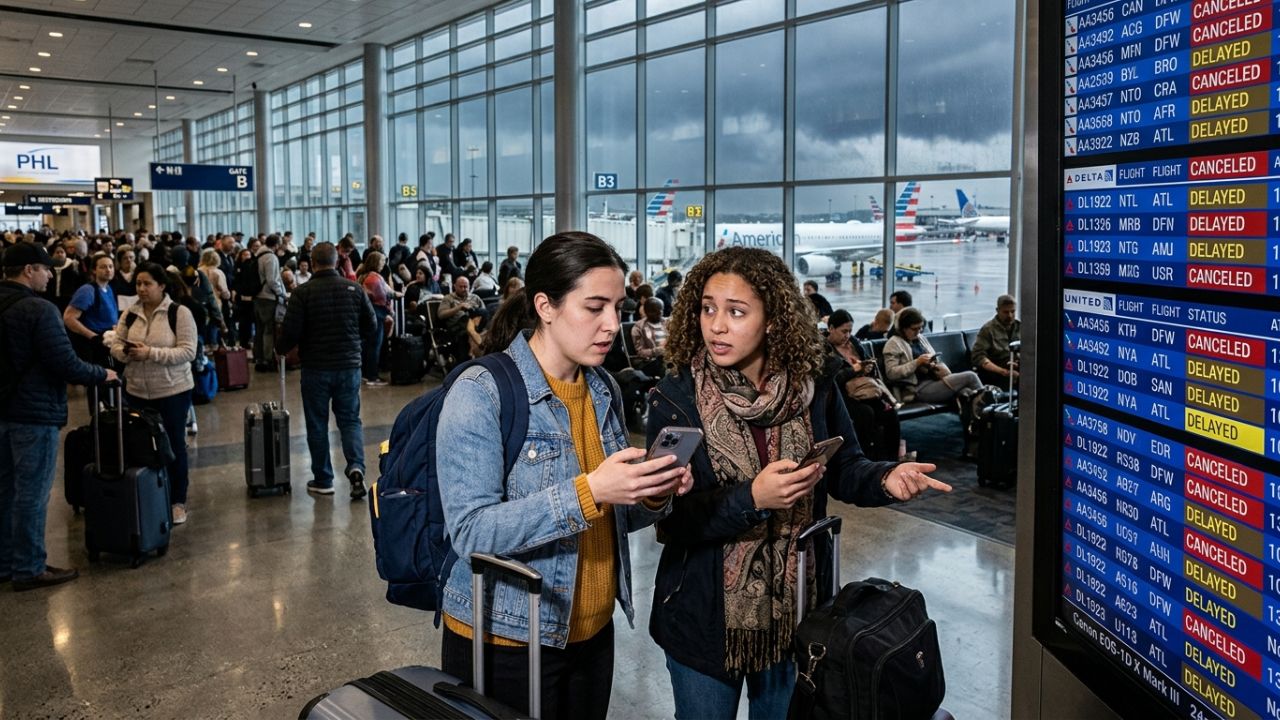 Thousands of stranded passengers staring at red departure boards inside Philadelphia International Airport during massive travel chaos and flight cancellations