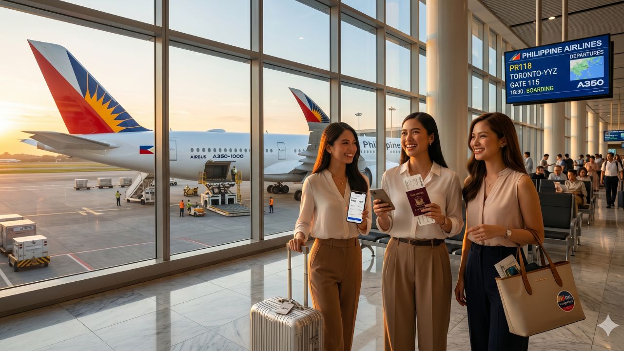 A highly dramatic scene capturing a Philippine Airlines Airbus A350-1000 aggressively executing a massive transpacific flight to combat severe international travel chaos and terminal disruptions