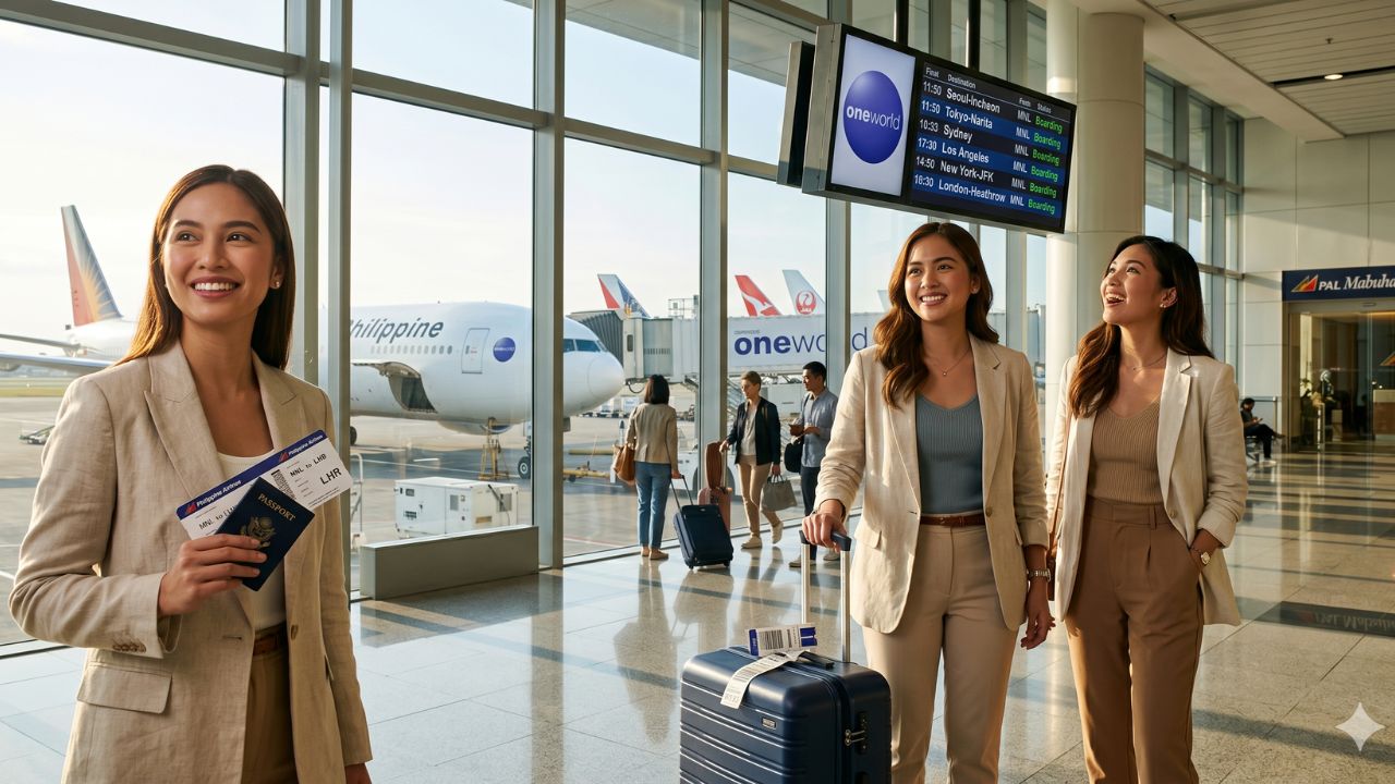 A highly dramatic scene capturing Philippine Airlines aircraft aggressively joining the oneworld Alliance to combat severe international travel chaos and flight cancellations across global networks