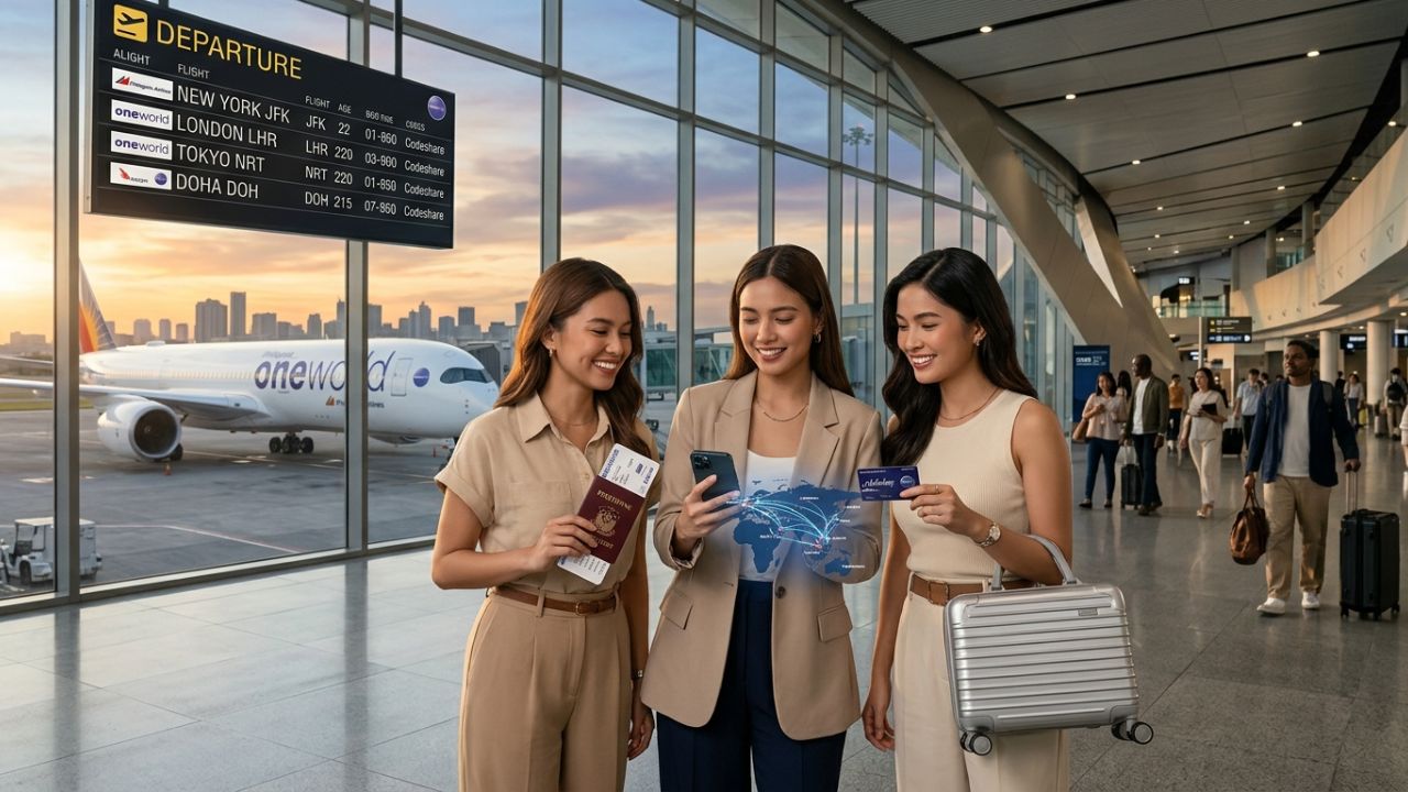 A highly dramatic scene capturing Philippine Airlines aviation authorities aggressively executing a massive oneworld alliance integration to combat severe international travel chaos and bypass congested transit hubs