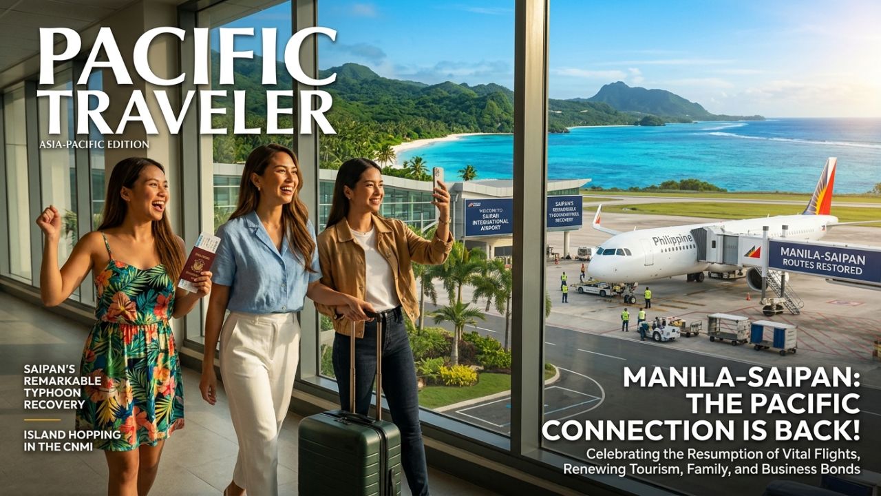 A highly dramatic scene capturing Philippine Airlines aviation authorities aggressively executing a massive route restoration from Manila to Saipan to combat severe international travel chaos and extreme infrastructure collapse