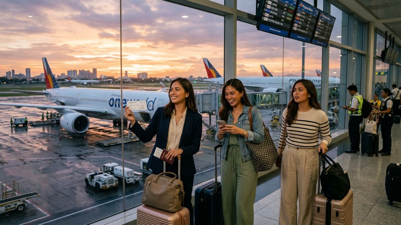 A highly dramatic scene capturing massive passenger relief as Philippine Airlines aggressively deploys a massive 20-jet widebody fleet strategy to bypass paralyzed transit hubs and extreme travel chaos