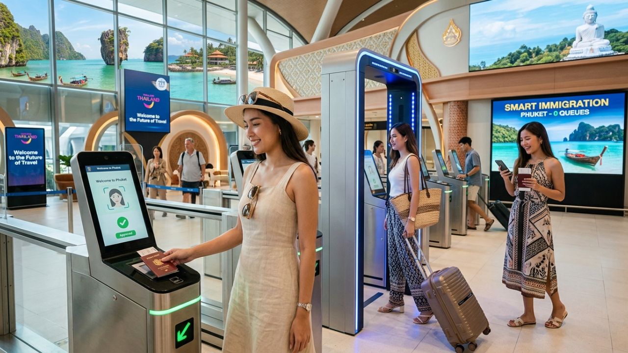 A highly dramatic scene capturing an advanced biometric e-gate terminal at Phuket Airport powerfully processing passengers, representing a massive technological deployment designed to rescue international tourists from severe border delays and travel chaos