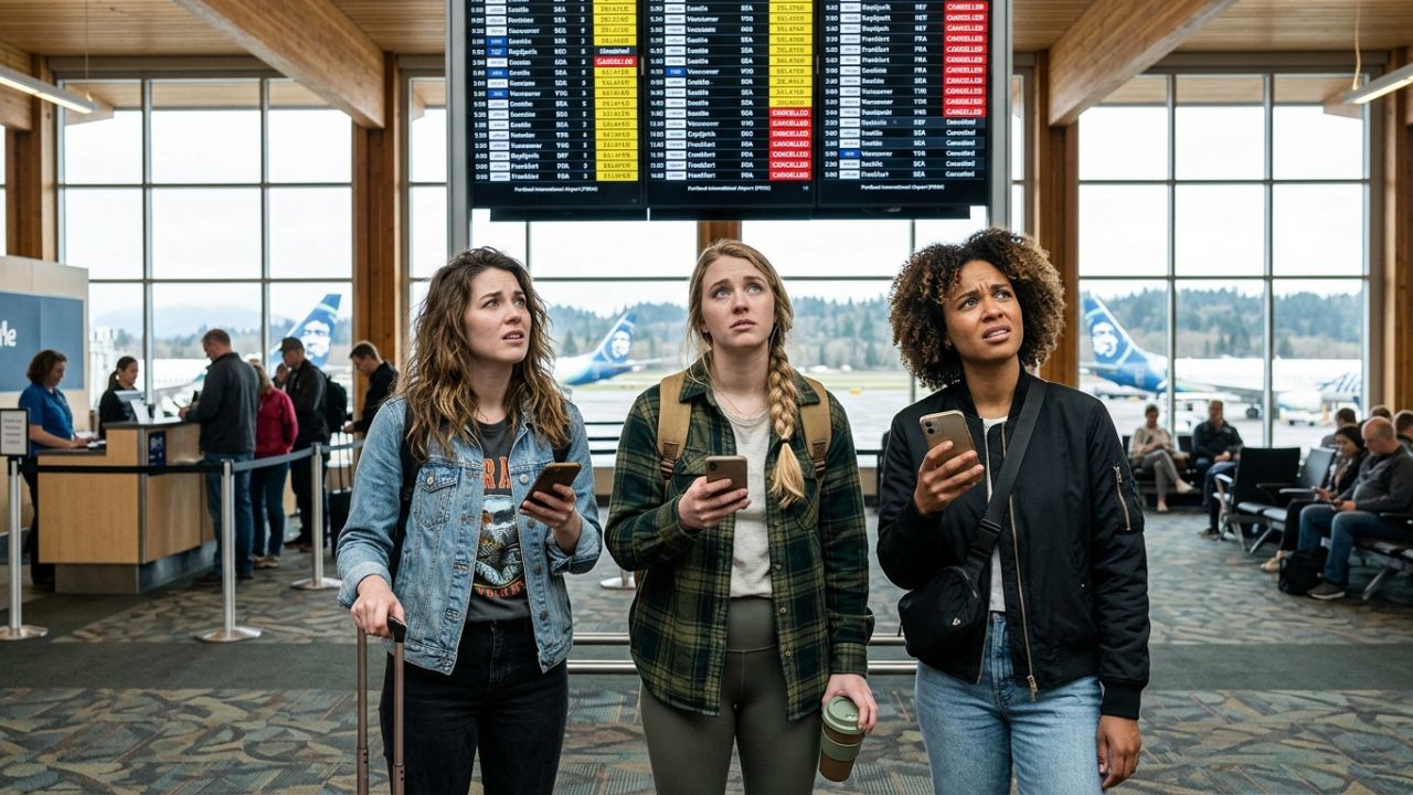 Travel disruption and delayed flights at Portland International Airport terminals