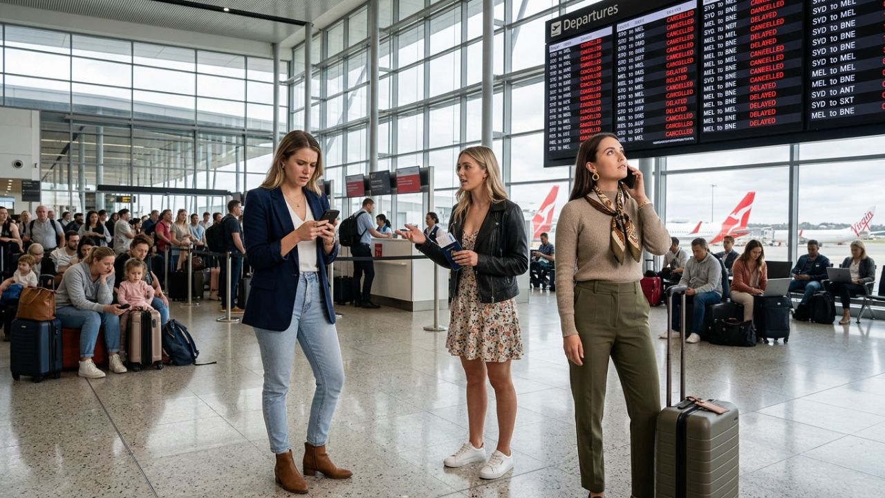 A highly dramatic scene capturing thousands of stranded passengers staring at delayed flight boards inside a crowded Australian airport, representing the massive travel chaos triggered by Qantas and Jetstar cancellations