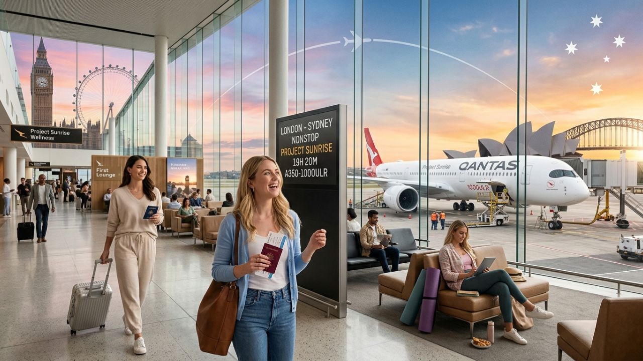 A highly dramatic scene capturing Qantas aviation authorities aggressively executing massive ultra-long-haul preparations for Project Sunrise to combat severe international travel chaos and bypass congested transit hubs