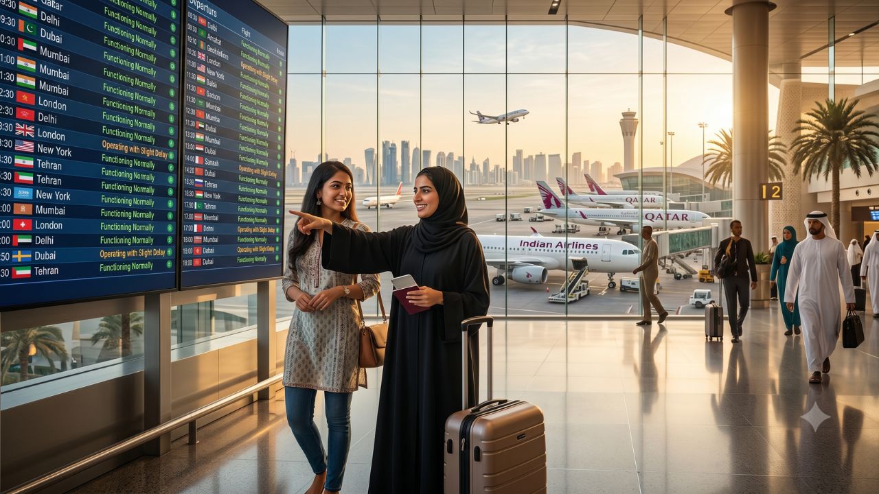 A highly dramatic scene capturing massive passenger congestion and severe travel chaos as Middle Eastern aviation authorities desperately deploy a massive airspace defense strategy over Qatar
