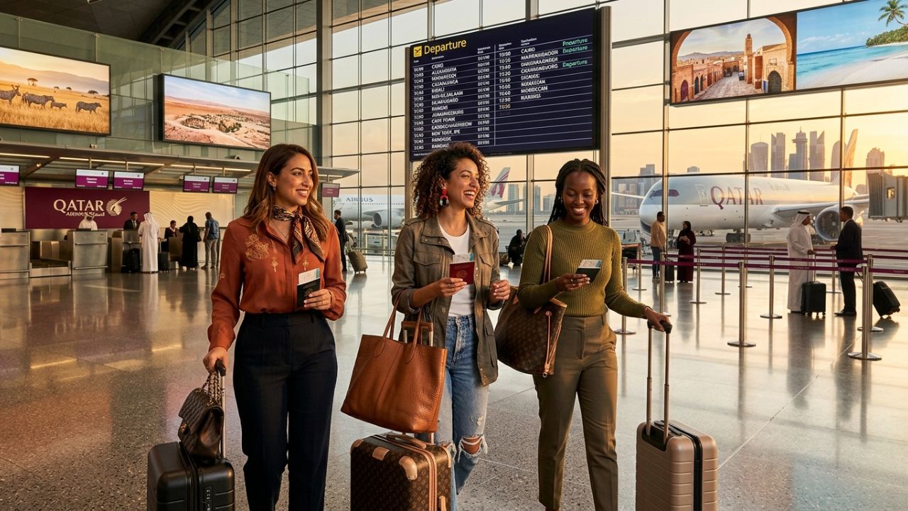 A highly dramatic scene capturing massive passenger relief as Qatar Airways aggressively deploys its fleet across the African continent, violently shielding international travelers from terrifying flight cancellations and disconnected airport disruptions