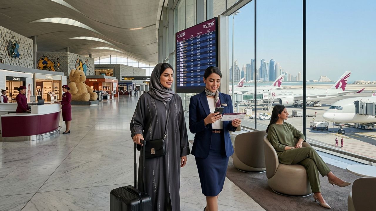 A highly dramatic scene capturing Qatar Airways aviation authorities aggressively executing a massive five-daily flight expansion between Doha and Dubai to combat severe international travel chaos and bypass extreme regional congestion