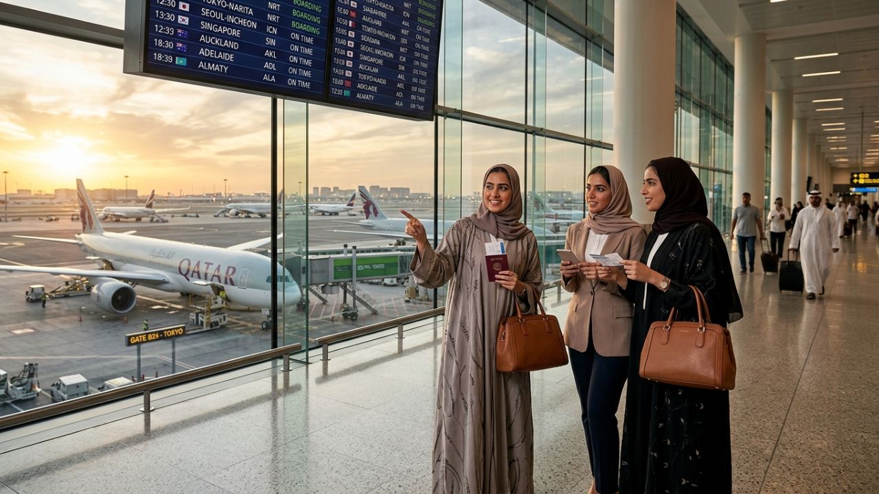 A Qatar Airways widebody aircraft executing a massive route realignment to bypass northern Middle East travel chaos and secure direct Asian connectivity