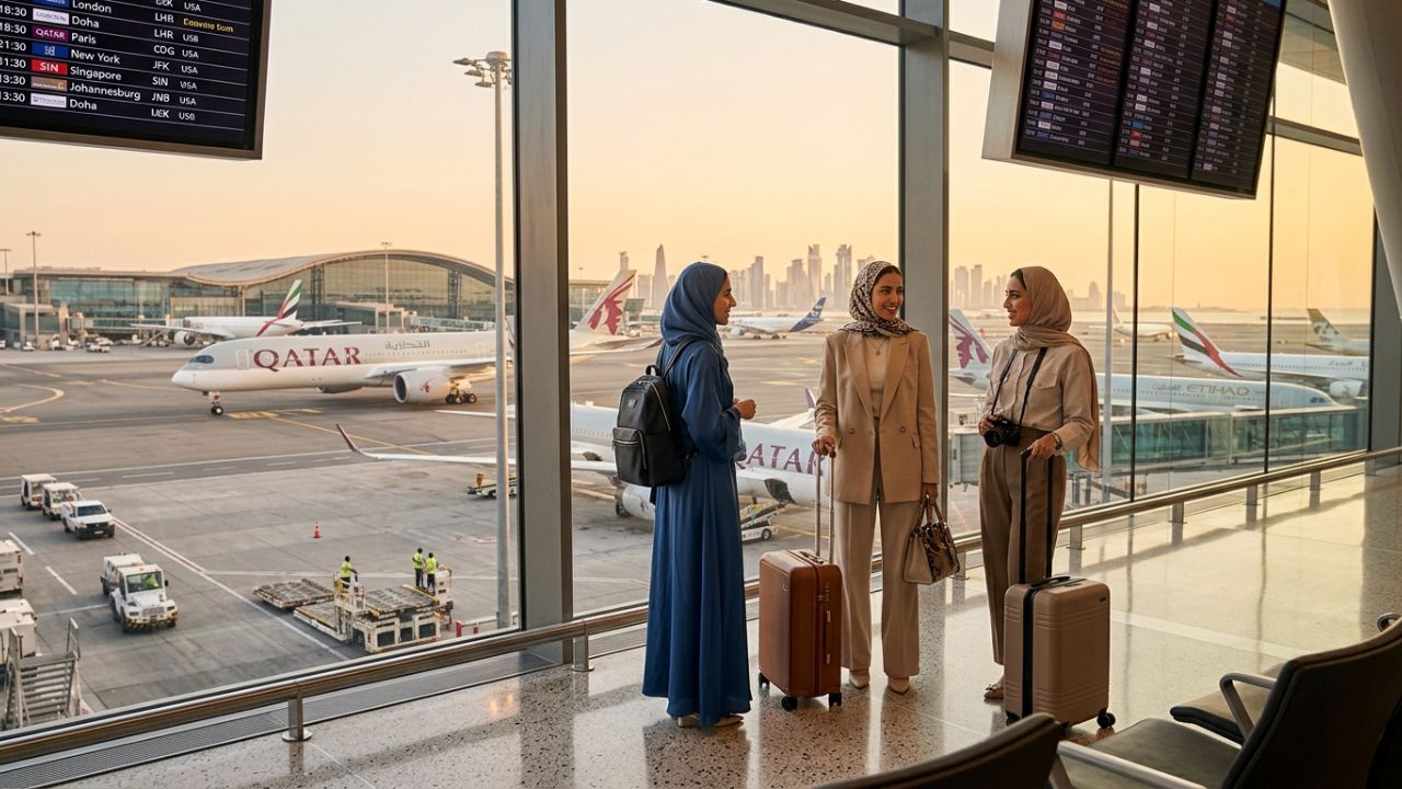 A Qatar Airways aircraft soaring above Doha, symbolizing the massive Gulf aviation expansion designed to bypass regional travel chaos in Summer 2026