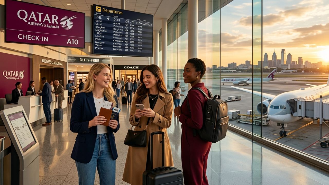 A highly dramatic scene capturing massive passenger relief as Qatar Airways aggressively deploys its daily flights from Philadelphia, violently shielding US travelers from terrifying flight cancellations and disconnected East Coast airport disruptions