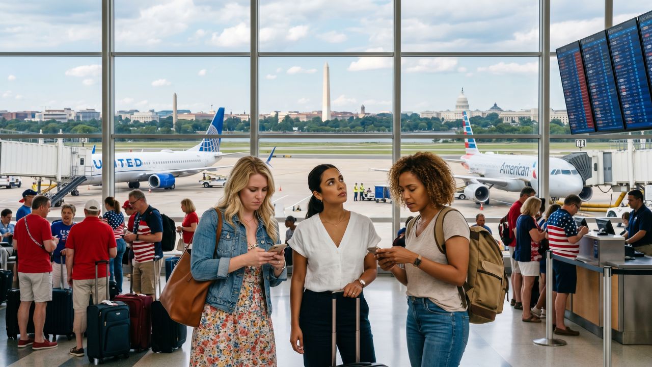 Frustrated travelers facing massive travel chaos and flight cancellations at Ronald Reagan Washington National Airport due to the July 4 airspace shutdown