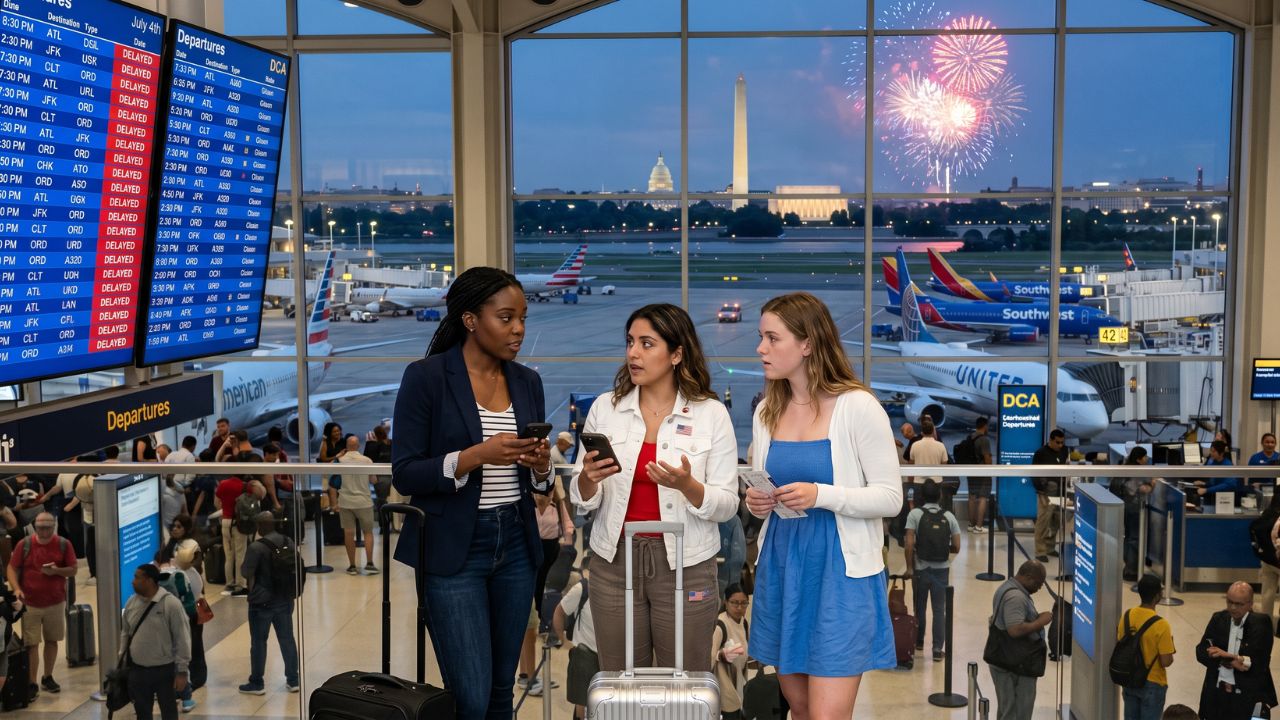 A congested terminal at Ronald Reagan Washington National Airport, bracing for massive travel chaos and flight cancellations triggered by strict July 4 airspace shutdowns