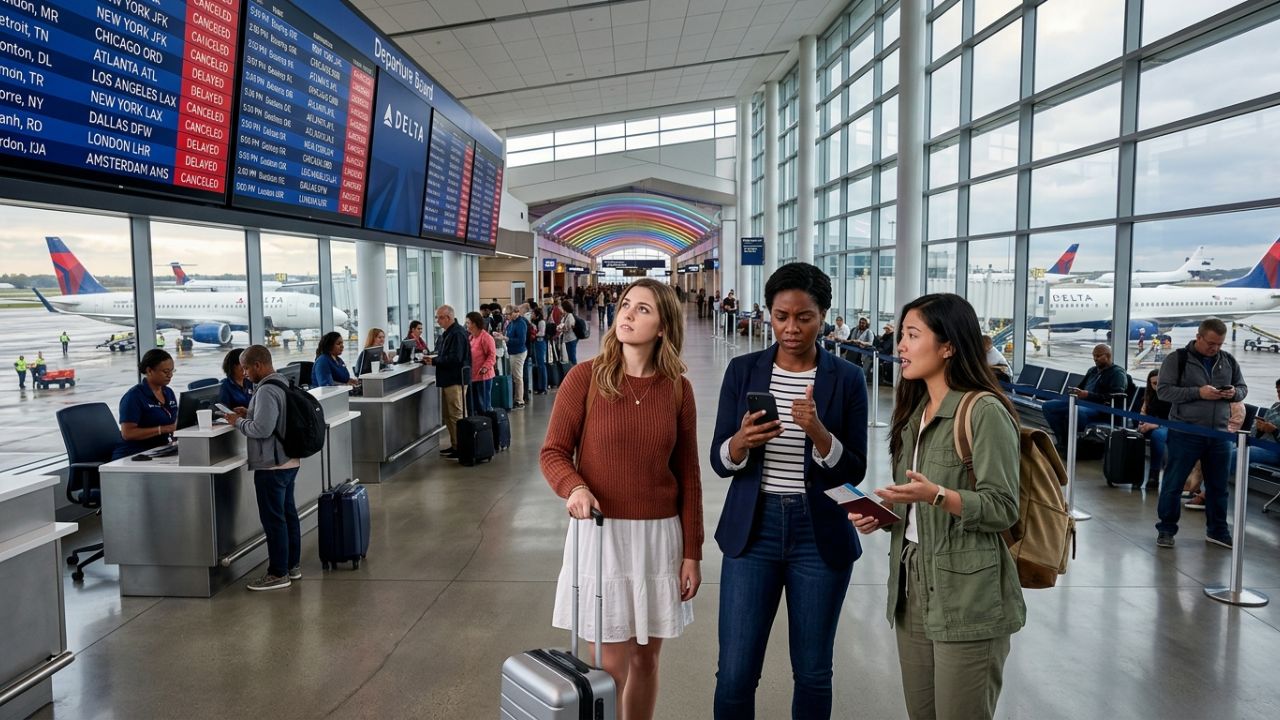 A highly dramatic scene capturing heavily congested departure boards and stranded passengers at Detroit Metro Wayne County Airport, representing the intense operational meltdown and travel chaos following sudden flight cancellations by regional carriers