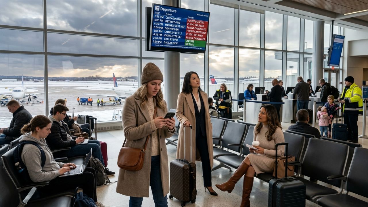 A highly dramatic scene capturing heavily congested terminals and stranded passengers at Dane County Regional Airport in Madison, representing the intense operational meltdown and travel chaos following sudden flight cancellations by regional carriers