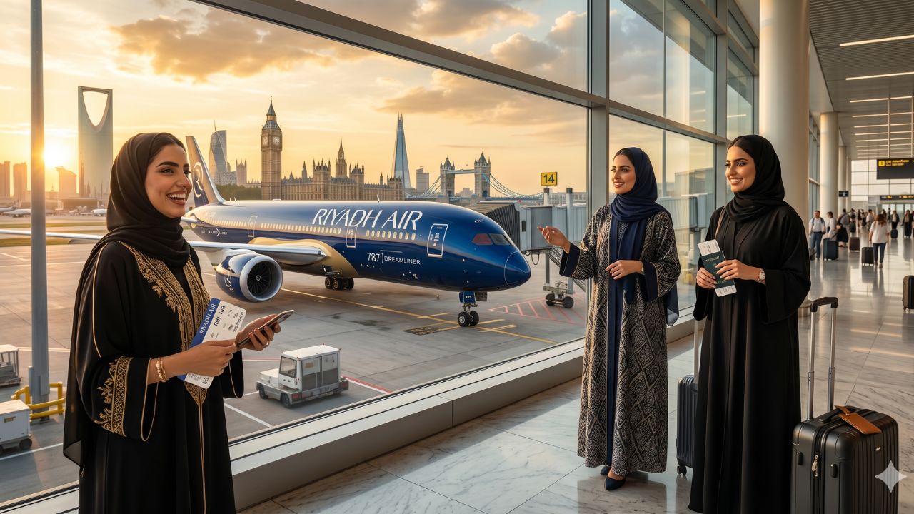 A highly dramatic scene capturing the massive Riyadh Air fleet expansion, specifically designed to bypass terrifying international travel chaos and severe global airport disruptions