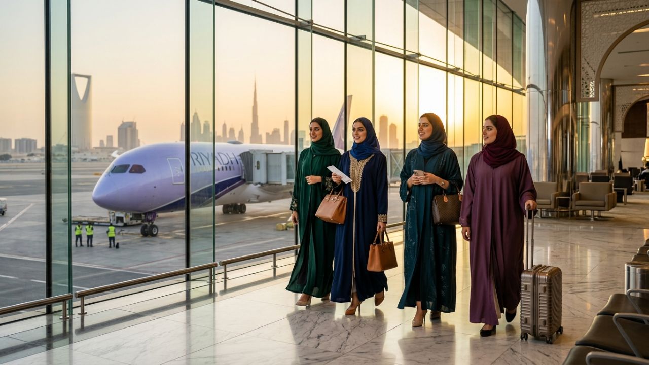 A brand-new Riyadh Air aircraft departing the Saudi capital for Dubai, illustrating the airline's strategic route expansion designed to help Gulf travelers bypass severe regional travel chaos