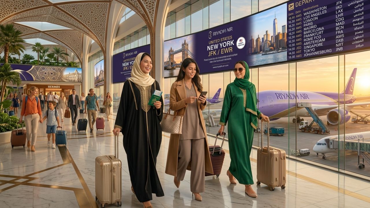 A brand new Riyadh Air Boeing 787 Dreamliner preparing for a transatlantic flight, offering passengers a premium, disruption-free bypass around the severe travel chaos affecting legacy aviation hubs