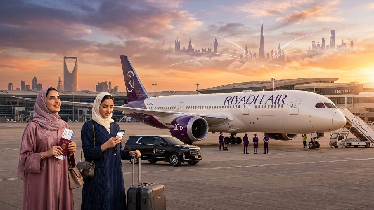 A highly dramatic scene capturing massive passenger relief as Riyadh Air aggressively deploys its new Boeing 787-9 Dreamliner directly into London Heathrow, violently shielding global travelers from terrifying regional travel chaos and disconnected airport disruptions