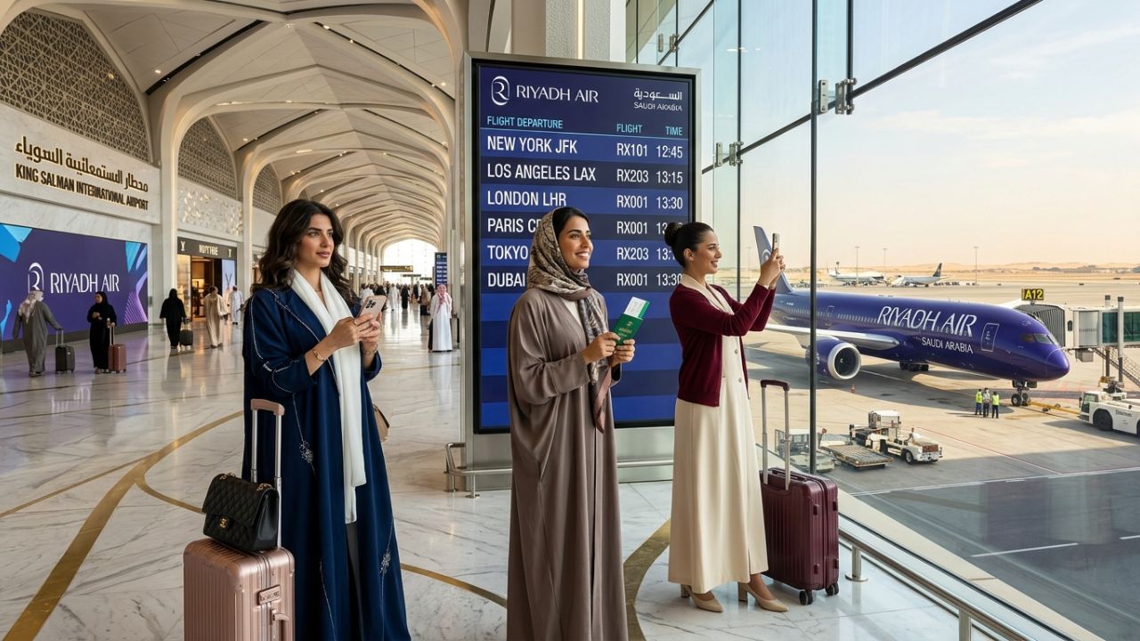A highly advanced Riyadh Air Boeing 787 Dreamliner departing King Khalid International Airport, designed to completely bypass severe travel chaos and flight cancellations at congested global transit hubs